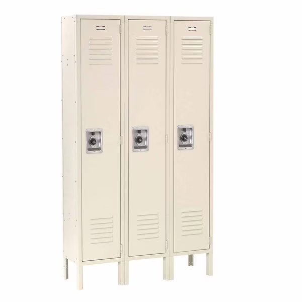Single Tier Locker, 12x15x60, 3 Door Ready To Assemble, Tan, Global Industrial, Mfr#: 254112TN